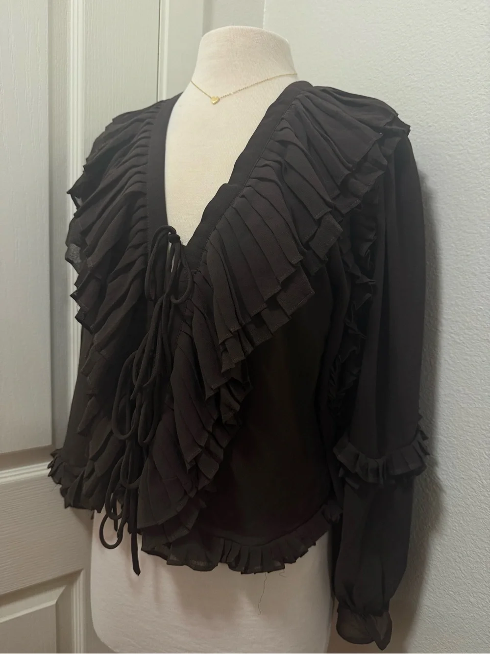 Joie Dark Brown Hot Fudge Boho/Vintage Ruffle Tie-Front Long Sleeve Blouse